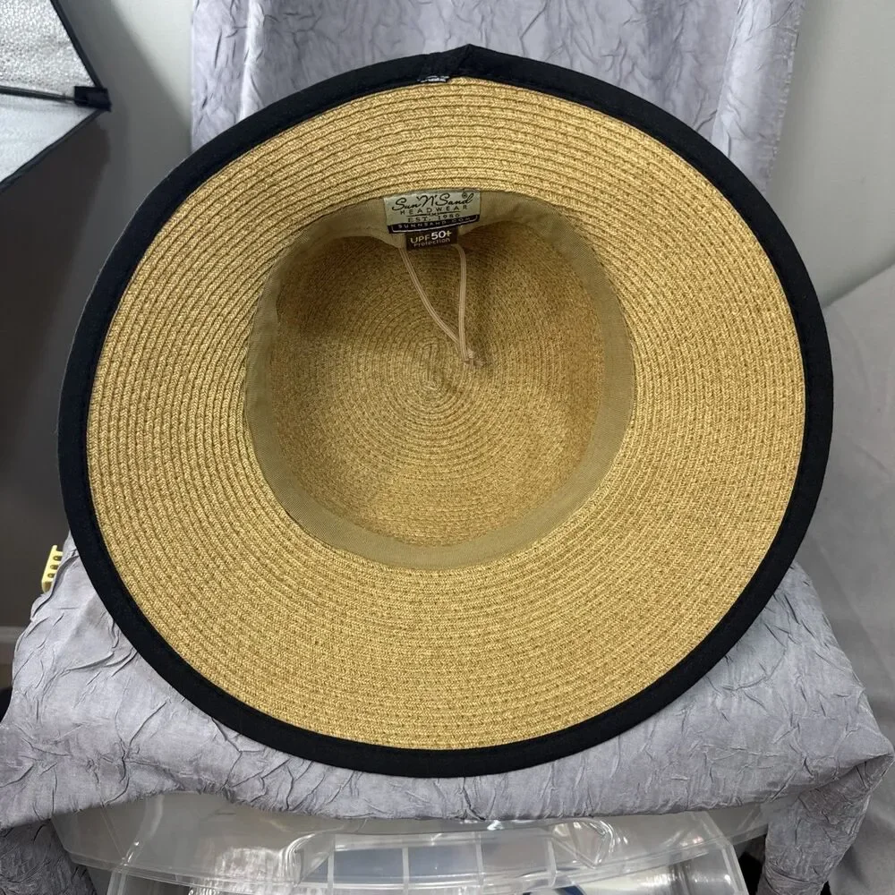 Sun N Sand UPF 50+‎ Beige Straw Hat W/black Trim Fabric Bow Women Adjustable